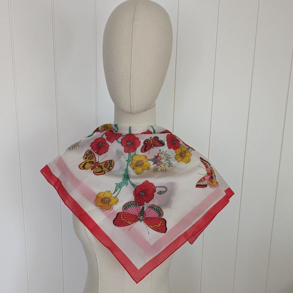 VTG Polyester Butterfly Scarf - From Italy - RN24409 - Red, white, yellow